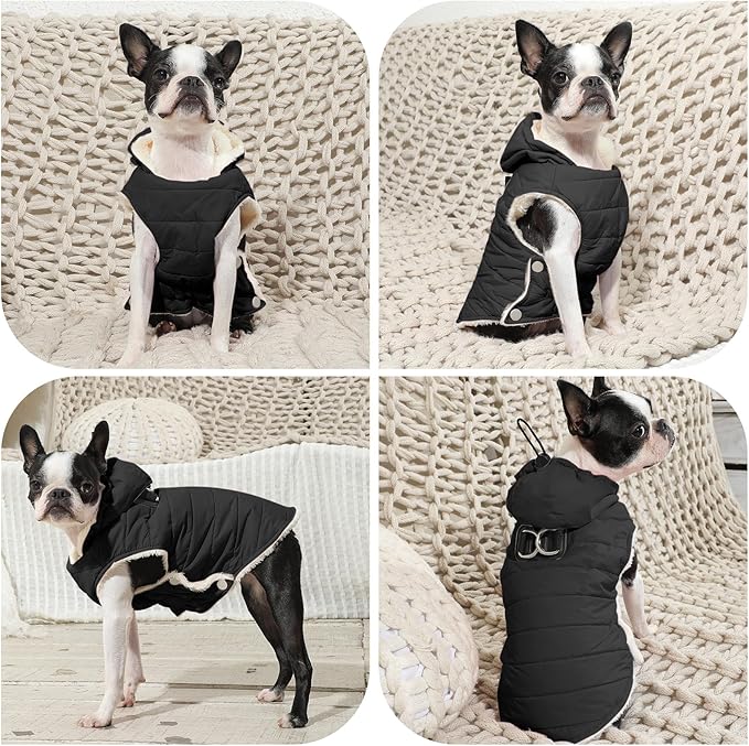 Fleece Lining Dog Hoodie with Harness Built in,Extra Warm Small Dog Jacket in Winter Puppy Coats with Drawstring Hooded,Black S