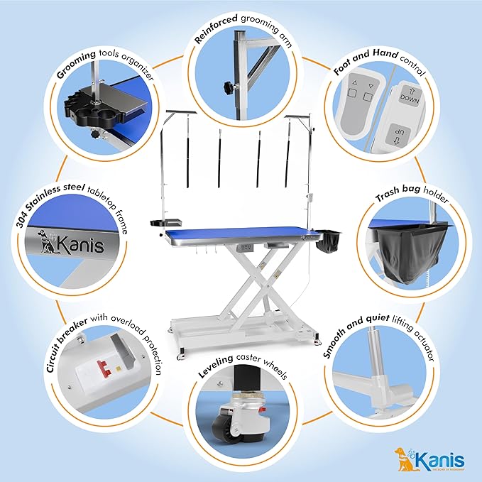 KANIS Professional Electric Dog Grooming Table - Heavy Duty, Height Adjustable Pet Grooming Table w/Leveling Wheels, Grooming Arm, Anti Slip Tabletop & Tool Organizer/Dog Grooming Station (49", WHITE)