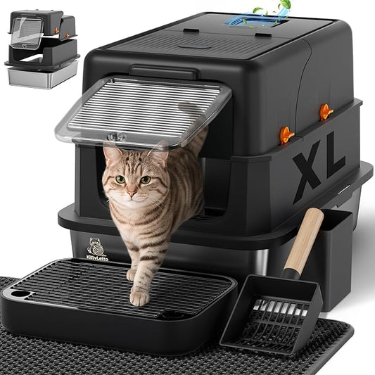 Stainless Steel Litter Box with Lid - XL Enclosed Litter Box for Cats with Collecting Mat - 4 Way Setup Fully Closed, Semi Low, High & Open Kitty Boxes, Leak Proof Metal LitterBox (Black)