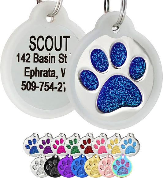 GoTags Paw Print Round Stainless Steel Pet Tag for Dogs and Cats, Personalized with 4 Lines of Custom Engraved ID with Silencer, in Stainless Steel and 15 Colors Small and Large, Glitter Blue