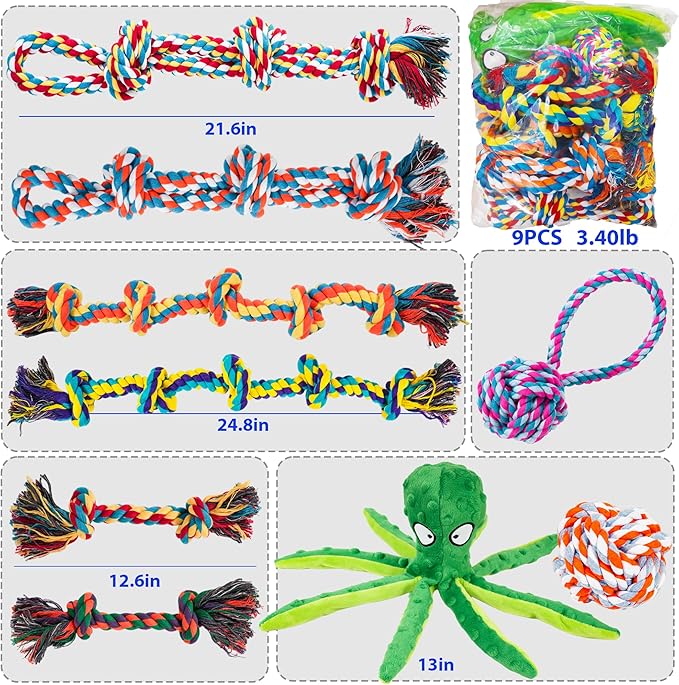 Dog Rope Toys for for Aggressive Chewers, Nearly Indestructible Dog Toys Set With Squeak Octopus for Large/Medium Dogs, Full of Attractiveness, Heavy Duty Natural Cotton Rope Chew Toy,Tug Toy 9 Pack