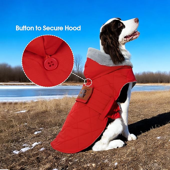 FUAMEY Large Dog Winter Coat Waterproof, Fleece Lined Dogs Jacket Adjustable, Warm Pup Snowsuit Winter Outdoor, Hooded Vest with Harness Hole, Easy On Doggy Outfits (Red, 3XL)