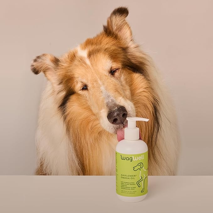 WagWell Ahiflower Omega Oil - Vet-Formulated Skin, Coat, Hip and Joint Supplement for Dogs - Plant-Based Omega 3, 6 and 9 Supplement - Natural Non-GMO Dog Omega Oil, 8 fl.oz. Pump Bottle