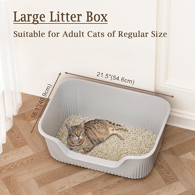 Large Cat Litter Box with High Sides 21.5 * 16.1 * 10.4 inches Big Litter Boxes for Large Cats Easy Clean Open Litter Box, Anti-Splashing&Leak-Proof, Grey