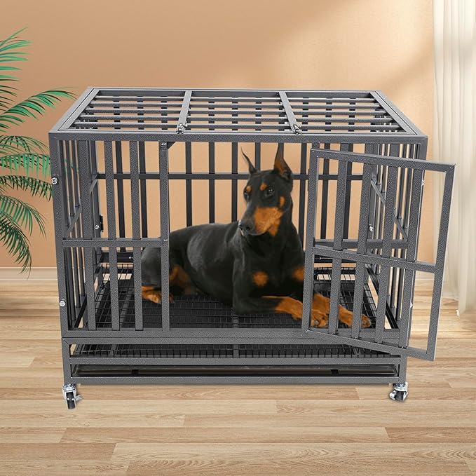 Confote 37" Heavy Duty Dog Crate Cage Kennel Metal Pet Crate Indoor Outdoor Pet Kennel for Small Dogs with Removable Tray, Double Door
