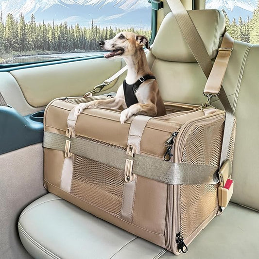 Petsfit 19x12x12 Pet Carrier for Large Cats (up to 20 lbs), Soft-Sided Small Dog Travel Carrier, Upgraded with Patented Buckle and Soft Padding, Ideal for Car Road Trips,Khaki