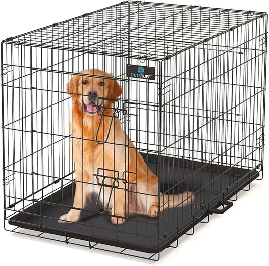PetsTuff Great CRATES 48” XX-Large Dog Crate - Heavy-Duty Dog Kennel with Divider Panel for Pets 90-110lbs - Durable Leaf-Proof Tray - Foldable, Carry Handle & Wheels for Easy Moving