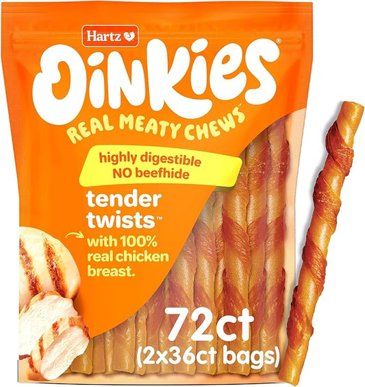 Hartz Oinkies Tender Twists with Real Chicken Breast Rawhide-Free Dog Treats, Highly Digestible Dog Chews, 72 Count