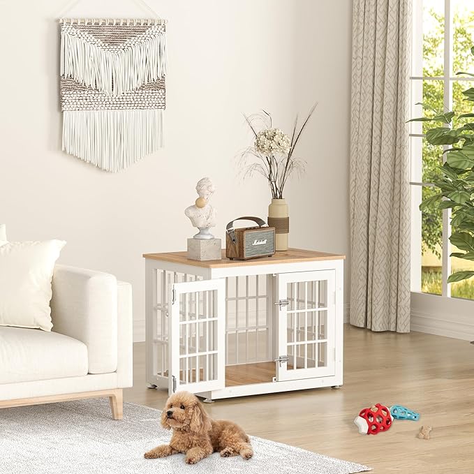 26 Inch Heavy Duty Dog Crate Furniture for Small Dogs, Decorative Pet House End Table, Wooden Cage Kennel Furniture Indoor, White and Natural
