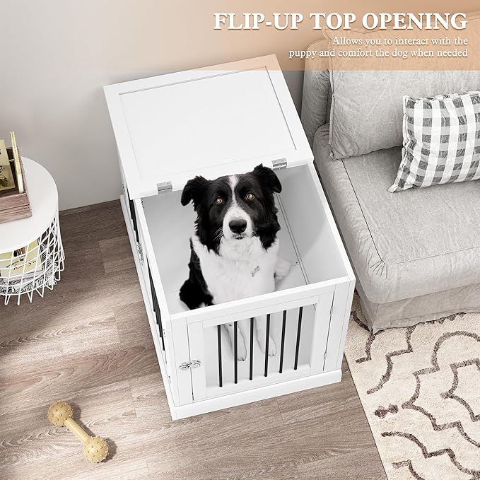 Furniture Style Dog Crate with Cushion, Dog Kennel Medium, Pet Crates, Dog Cage for Small and Medium Dogs, Decorative Dog Kennel with Flip-top Plate, Chew-Proof Metal Bars, White