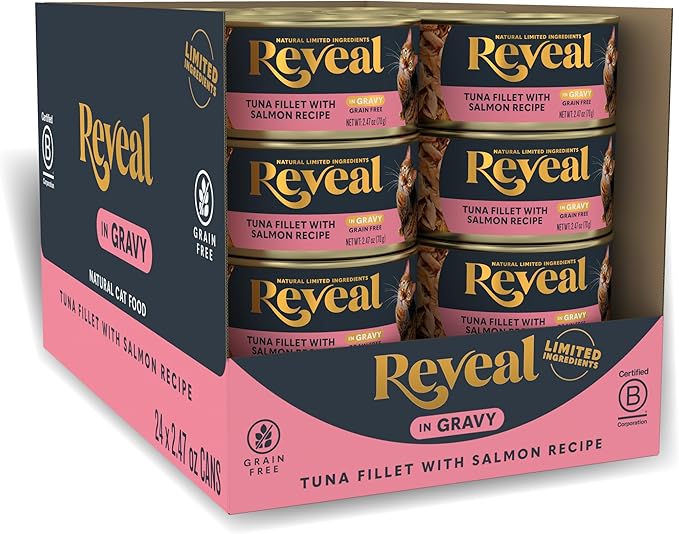 Reveal - Grain Free | Wet Canned Cat Food | 2.47oz - 24 Pack - Premium Nutrition, 100% Natural, No Additives, and Limited Ingredients (Tuna with Salmon in Gravy)