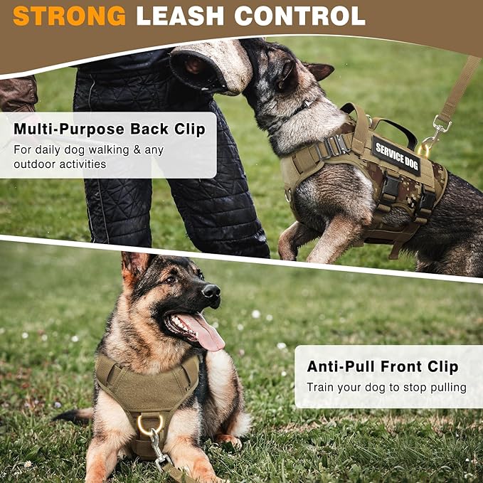 WINSEE Tactical Dog Harness with Dog Leash, Service Working MOLLE Vest with 10 Pet Patches for Dog, No Pull Military Harness and Backpack for Training Hunting Walking
