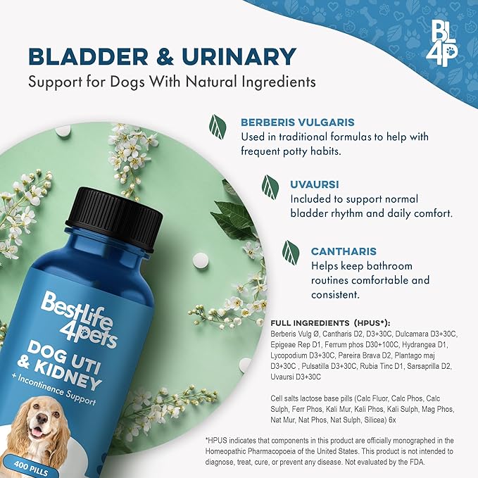 BestLife4Pets Dog UTI Kidney Support, Natural Urinary Tract Infection Treatment, Renal and Bladder Control Supplement, Easy to Use Pills 2 Pack