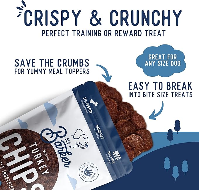 Beg & Barker Turkey Chips for Dogs (8 Ounce, Pack of 1) - Single Ingredient Dog Treats Made for Large & Small Dogs Protein Human Grade Dog Treats Made from Real Meat Turkey, Made in USA