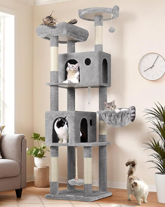Globlazer Cat Tree, 70 inch Tall Scratching Tower Multi-Level Cat Condo for Indoor Multiple Cats with 2 Large Cat Caves, Top Perch, Large Platform, Bottom Swing, F70B, Light Grey
