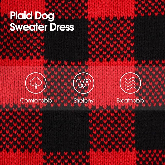 Dog Sweater Dress Plaid Knitwear for Small Medium Dogs Warm Puppy Pet Turtleneck Stretch Pullover Cute Fall Winter Vest Clothes with Leash Hole for Christmas (Red, XL)