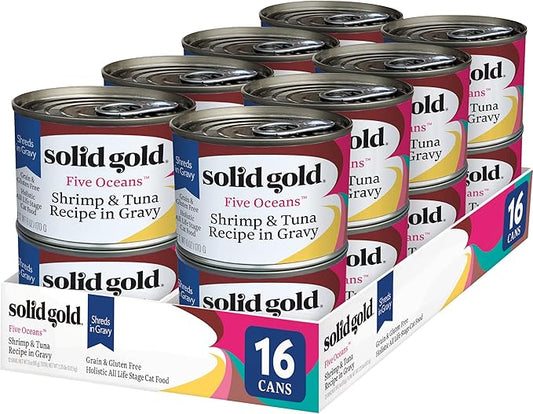 Solid Gold Wet Cat Food Shreds in Gravy - Canned Cat Food Made w/Real Tuna & Shrimp - Five Oceans Grain Free 16ct/6oz Can