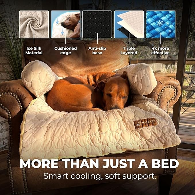 Pelsbarn Cooling Dog Bed - Ice Silk Summer Comfort, Self Cooling, Non-Slip Dog Cover, Durable & Washable, Bed for Medium to Large Dogs 86x86 cm, Support Shelter Dogs with Every Purchase (Beige)