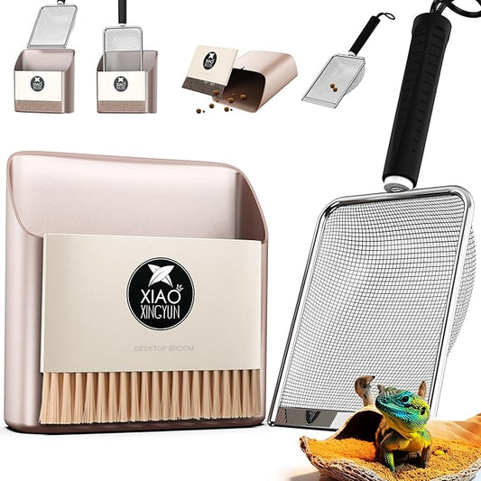 Hamster Metal Litter Scoop for Sandbath Box,Stainless Steel Litter Scooper includes Portable Small Broom and Dustpan, Fine Cat Litter Scoop Easy to Clean Small Pets or Reptile Terrarium Sand Waste