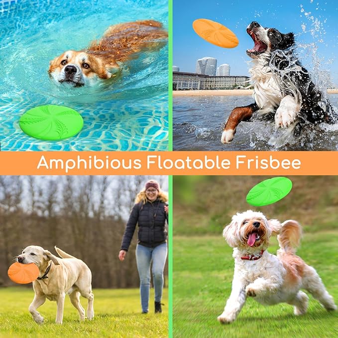 Nobleza 2 Pack Dog Flying Disc, Interactive Flyer Dog Toys for Small Medium Large Dogs to Fetch, Durable Outdoor Dog Disc Toy for Long-Distance Flies and Floats on Water, Orange & Green