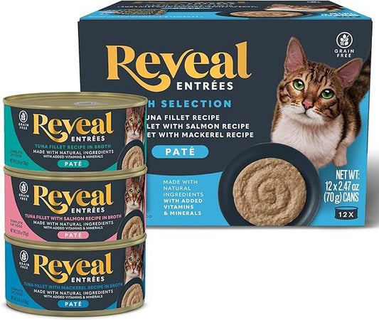 Reveal Entrées Natural Wet Cat Food Paté, Grain-Free with Added Vitamins & Minerals, Carrageenan-Free Protein, Fish Variety Selection Paté (12 x 2.47 oz Cans)