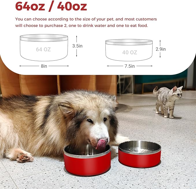 Dog Bowl, Stainless Steel Dog Food and Water Bowl with Non Slip Quiet Bottom, Easy to Clean, Dishwasher Safe, 40oz, Red