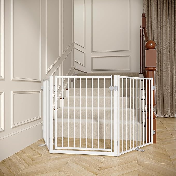 No Pawblems Free Standing Dog Gate with Door, 30'' Tall Foldable Dog Fence for Indoor & Outdoor, Up to 78 Inch Extra Wide Puppy Gate for Stairs, Hallways, Doorways, Deck, Yard (White, 3 Panels)
