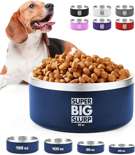 Tuff Pupper Heavy Duty Insulated Dog Bowl | Double Wall Stainless Steel Dog Food Dish | Non-Slip Spill Proof Dishwasher Safe Cat Bowl | Water Dish for Feeding Large Medium Small Pets (66oz, Blue)
