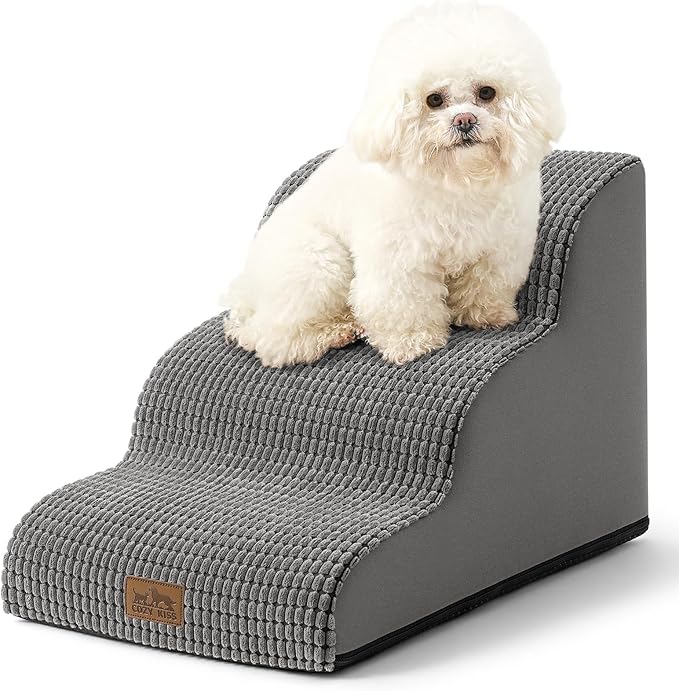 Dog Stairs for Small Dogs 15.7" H, Curved Dog Step for Puppy, Older Cat, Medium Pet Ramp for Sofa, Couch or Chair, Ladder with High Density Foam, 3 Step, 15.7x22.4x15.7 inch, Dark Grey