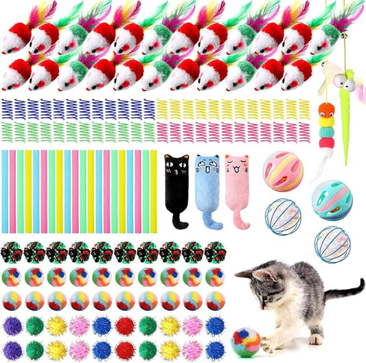 Shappy 150 Pcs Cat Toys Bulk Kitten Toys Pack Variety Funny Interactive Gift Including Mice Rainbow Balls Spring Crinkle Balls for Indoor Cat Kitty Kitten (Funny)