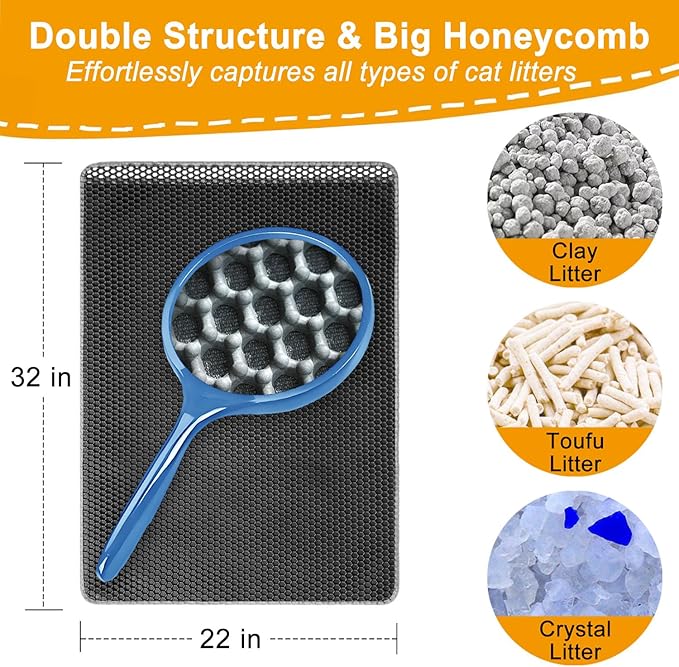 Cat Litter Mats Litter Trapping Mat,Cat Litter Box Mat for Floor 32"x22", 2 Layer Llitterbox Mat for Pet kitty,Litter Rug Catcher,Waterproof Urine Proof, Clean Easily, Collapsable, Medium