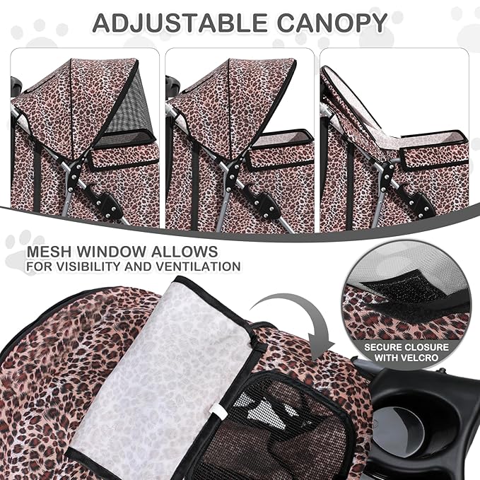 MoNiBloom 3 Wheels Pet Dog Cat Stroller for Small Medium Dogs Cats, Lightweight Foldable Jogger Stroller w/Storage Basket & Cup Holder, Leopard Print