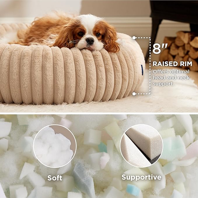 Bedsure Medium Dog Bed - Washable Faux Fur with Corduroy Fleece & Anti Slip Bottom, Round Pet Bed with Removable Cover, Sandy Beige, 30x30x8 inches