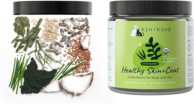 kin+kind Organic Multivitamin for Dogs & Cats - Pet Supplement for Healthy Skin and Coat - Safe, Natural Formula with Wheatgrass, Kelp, Seaweed and Coconut - Made in USA - 4oz (Medium)