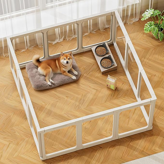 Jalove Acrylic Dog Playpen Indoor, 12 PCS Plastic Pet Playpen with Door, 24“ H Clear Pet Play Pen for Puppy Cat Rabbit Ferret, Easy Assemble Dog Pen, Preferable for Small Cage, White