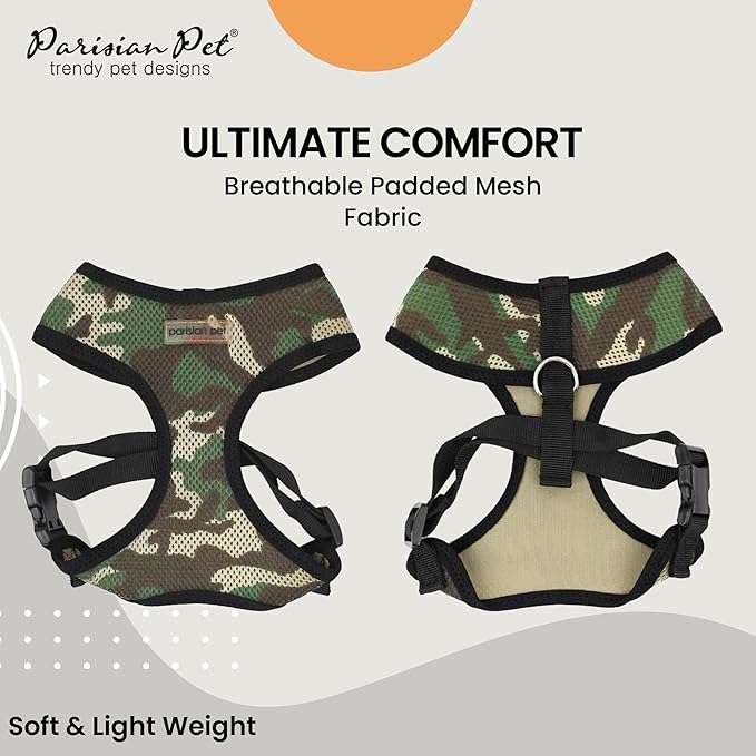 Parisian Pet Adjustable Freedom Dog Harness - Green Camo Vest - 100% Mesh Fabric Cooling - Ideal for Outdoor Adventures - Large to XL Sized Dogs