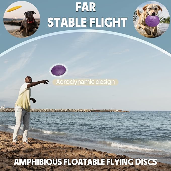 Indestructible Dog Flying Disc, Interactive Dog Flyer Toys, Soft Dog Catch Fetch Toys for Small Medium Large Dogs, Floats in Water & Safe on Teeth, 9.05 in (Purple and Yellow, 2Pcs)