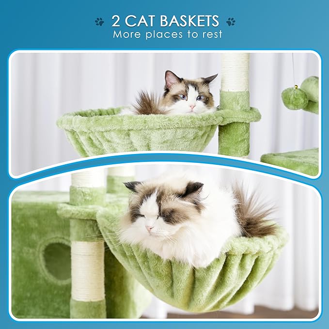 Hey-brother Cat Tree, 74 inches Multi-Level XL Large Cat Tower for Indoor Cats with Three Cat Condos, Two Large Top Decks and Cat Hairbrushfor Kittens, Cats and Pets, Green MPJ035-MGR
