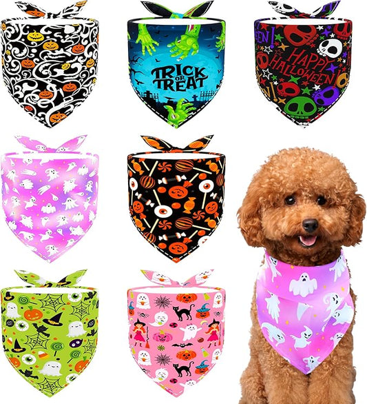 Halloween Dog Bandanas for Small Dogs 7 Pack Stitching Edge Dog Bandanas for Puppy 18 Inch Dogs Scarves for Cats Breed Grooming S