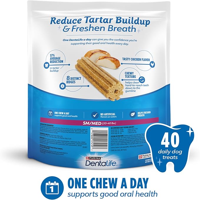 DentaLife Daily Oral Care Dog Treats for Small and Medium Dogs, Chewy Dental Treat to Freshen Breath and Fight Tartar, Chicken Flavor, 28.5 oz., 40 Chews - 40 ct. Pouch