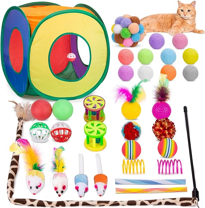 Retro Shaw Cat Toys Bundle 33 Pack, Interactive Kitten Toys for Indoor Cats Kitty with Collapsible Play Tunnel Tube Tent Feather Wand Teaser Bell Fuzzy Ball Springs Mouse Toy