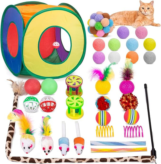Retro Shaw Cat Toys Bundle 33 Pack, Interactive Kitten Toys for Indoor Cats Kitty with Collapsible Play Tunnel Tube Tent Feather Wand Teaser Bell Fuzzy Ball Springs Mouse Toy