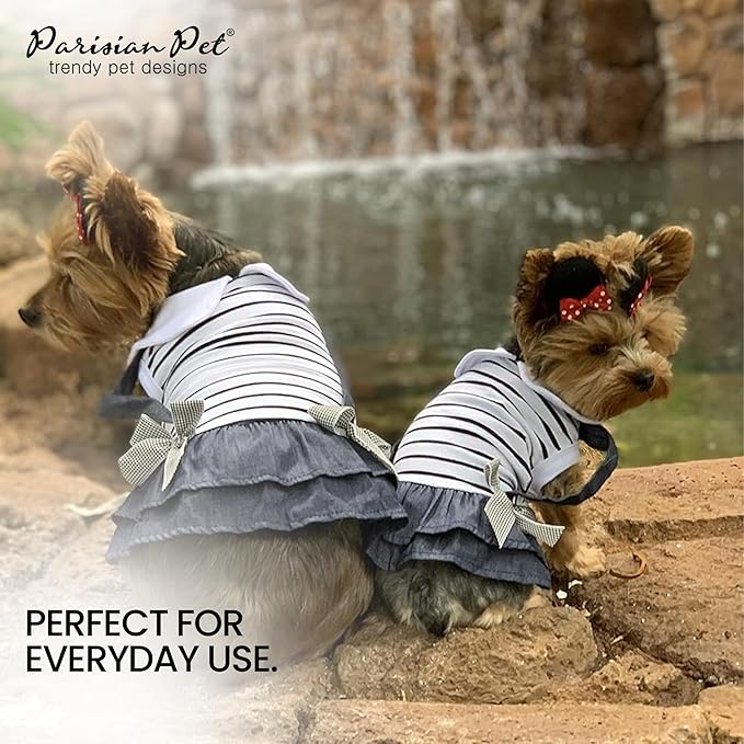 Parisian Pet Dog Dress - Preppy Girl Clothes, Stylish Chambray Skirt Summer Outfit - Lightweight Overall, Sleeveless for Small Girls XS