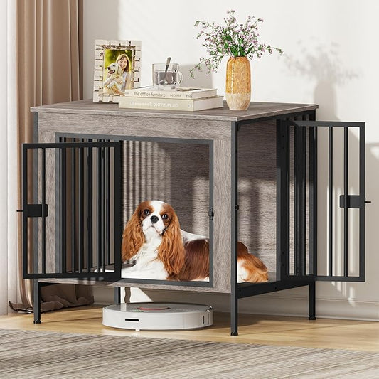 EasyCom Dog Crate Furniture for 1 or 2 Dogs, Heavy Duty Single/Double Dog Crates for Small/Medium/Large Dogs, Dog Kennel Furniture Indoor as TV Stand, Small Size 28.15" L(0-20 Pounds), Oak Grey