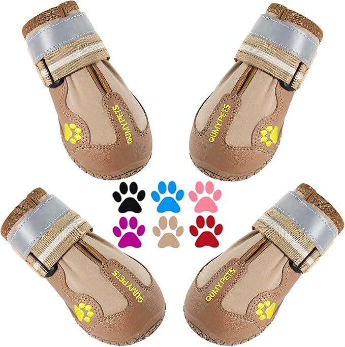 QUMY Dog Shoes for Large Dogs, Medium Dog Boots & Paw Protectors for Winter Snowy Day, Summer Hot Pavement, Waterproof in Rainy Weather, Outdoor Walking, Indoor Hardfloors Anti Slip Sole Khaki 5