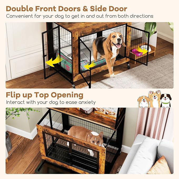 Giantex 38" Dog Crate Furniture with Storage Shelves, Wooden Dog Kennel End Table with Flip Top, 3 Doors, Wheels & Pull-Out Tray, Chew-Resistant Indoor Pet Crate House for Large Dogs, Rustic Brown