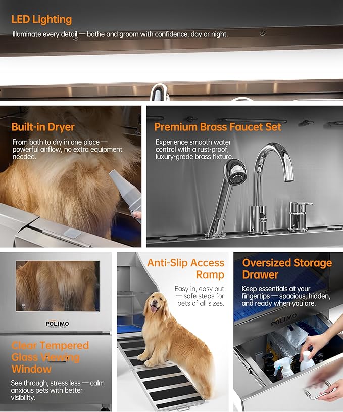 POLIMO Dog Wash Station with Pet Dryer & LED, Professional Dog Bathing Station for Large, Medium & Small Dogs – with Window, Ramp, Drawer, Floor Grate, LED Display & Faucet (Right RAMP & Dryer, 50")