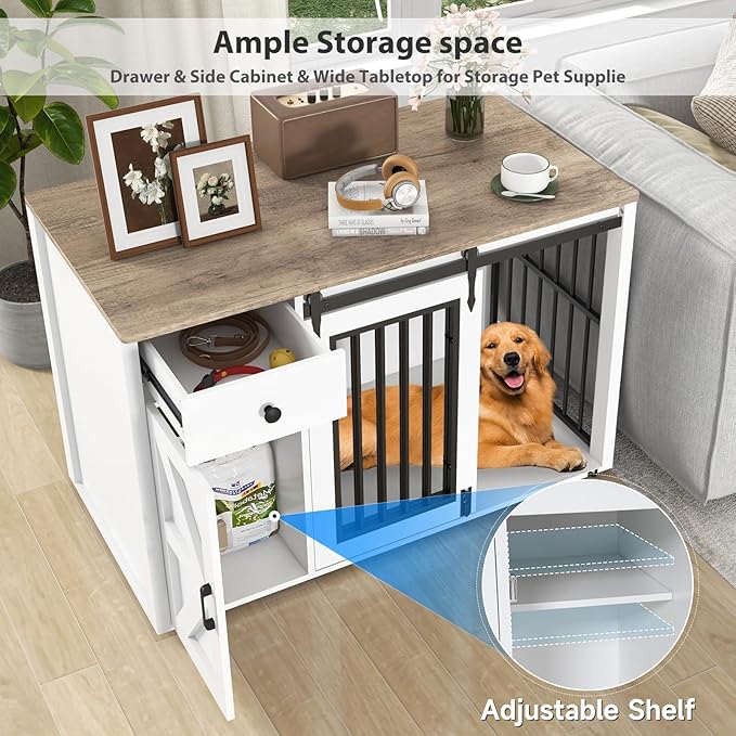 Verano Garden 44" Dog Crate, 2-in-1 Furniture-Style Dog Crate with Storage Drawer & Cabinet, Heavy Duty Dog Kennel Dog Cage Indoor for Small Medium Dogs, White (44" Left Facing Door)