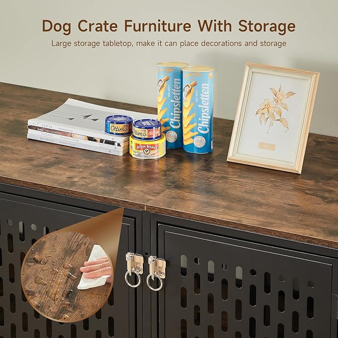 ONBRILL 71" Dog Crate Furniture for 2 Dogs, Indoor Heavy Duty Dog Crate with Removable Divider and 4 Doors, Escape Proof Pet Cage, XXL Thicken Wooden Kennel TV Stand for Medium Large Dogs,Brown