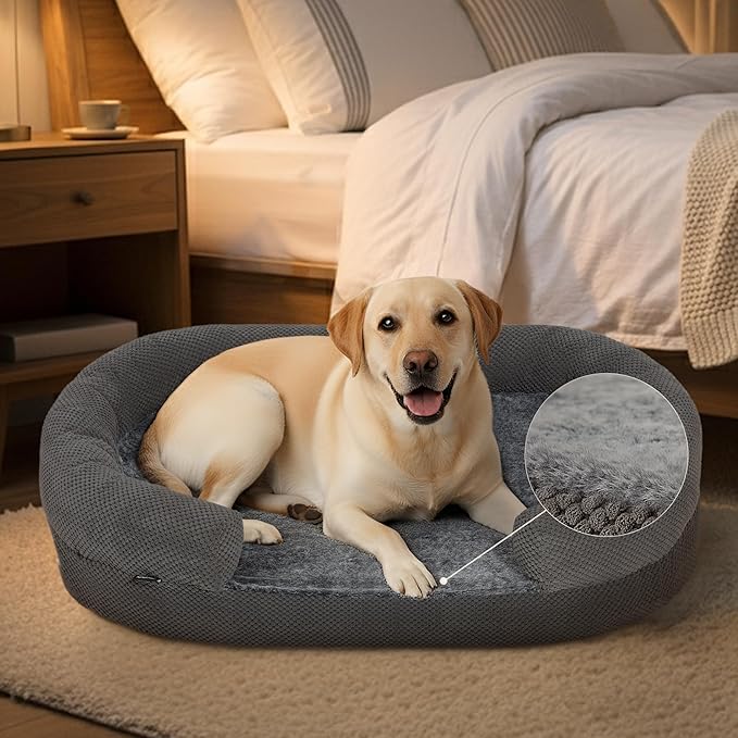 Orthopedic Dog Bed for Extra Large Dogs, Extra-Thick 3.6" Foam Fluffy Fur Sofa with Comfortable Sides, Soft and Big Dog Couch Bed with Washable Removable Cover and Non-Slip Oval Bottom, Grey